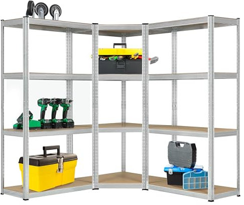 Juskys 3er Metall Regalsystem Easy - 1 Eckregal & 2 Lagerregale - 12 Böden aus MDF Holz - 960 kg - Schwerlastregal Steckregal