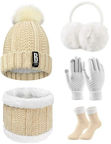 UMIPUBO Stickad vinter varm fleece fodrad scarf hatt med tofs