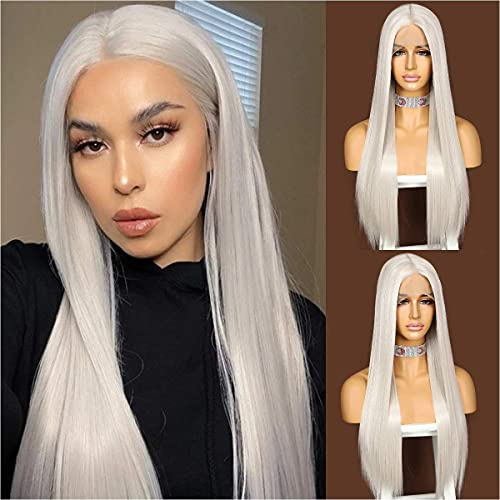 Sapphirewigs Platinum Grau Lange gerade Perücke für Frauen Spitze vorne Perücken mit mittelTeil japanische synthetische Haare 150% Dichte Täglich Halloween Weihnachten hitzebeständig 26 inch | Perücke mit Mittelscheitel, glattes japanisches Kunsthaar, Party, Weihnachten, 150 % Dichte