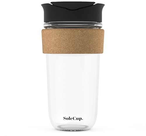 SoleCup. Large Travel Mug - Reusable Strengthened Glass Coffee Mug - 18oz/530ml BPA-Free Hot Drink Travel Mug with Lid & Cork Band (Black, 530ml / 18oz)