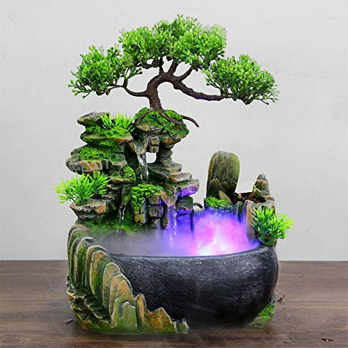 SHZICMY Zimmerbrunnen mit Beleuchtung Foggy Desktop-Brunnen Innenharz Steingarten Wasserlandschaft LED Tischbrunnen für Wohnzimmer, Schlafzimmer, Büro, Café (Nebel)
