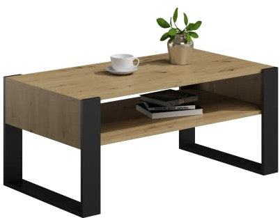 MATKAM Couchtisch KAJA H50 x B100 x T53,6 cm Loft Retro, offene Ablage unter der Tischplatte, Kufenbeine (Artisan Eiche)