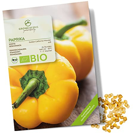 BIO Paprika Samen (Golden California Wonder, 10 Korn) - Gelbe Paprika Saatgut aus biologischem Anbau ideal für die Anzucht im Garten, Balkon oder Terrasse
