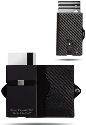 SLIMJACK Smart Wallet mit Gravur Wunschtext - Kreditkartenetui mit RFID-Schutz - Geldbeutel für Herren - Slim Wallet mit Münzfach - Smart Wallet für Karten & Münzen - Carbon