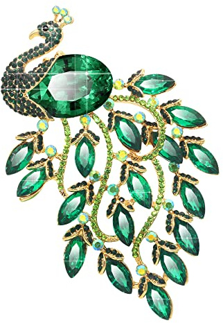KristLand Pfau Broschen mit funkelnden grünen Kristall Strass für Frauen Outfits Schal Anzug Pin für Männer große Pfau Brosche Party Geschenk Box