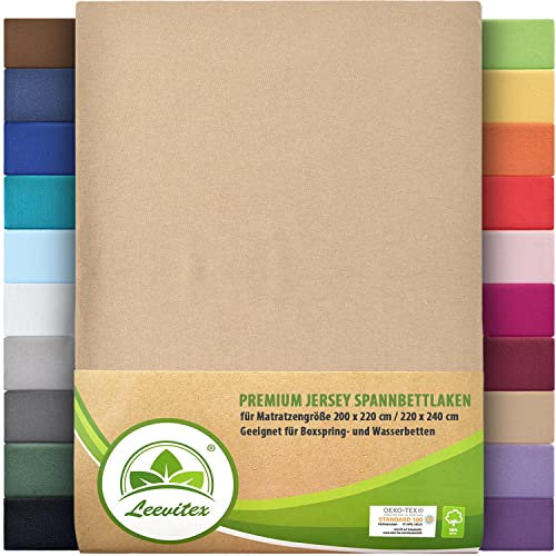 Premium Spannbettlaken, extra schwer und dick, 97% Mako-Jersey-Baumwolle und 3% Elasthan, auch Boxspringbett geeignet, 200 x 220-220 x 240 cm, Sand/Cappuccino