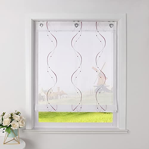 CORLIF Raffrollo Landhaus Raffgardine Küche Modern Ösenrollo Leinenoptik mit Wellenmuster Transparente Rollos Kurz Fenster Schal mit Ösen B/H 80/140 cm Violett