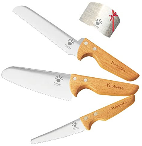 Kibbidea Knife for Kids, Stainless Steel, Wooden Handle, Kids Knife for Chopping Vegetables Fruits Bread and Salad, Child Toddlers Knives for 3, 4, 5, 6 Years Old