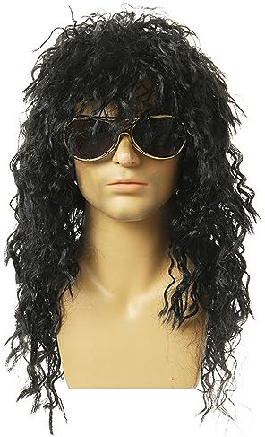 SKHAOVS 70s 80s Heavy Metal Disco Wig, Rock Star Heavy Metal, Hard Rocker Wig, Glam Rock Fancy Dress, Long Curly Hat Black Rocker Costume Ancy Dress Accessories (Black)