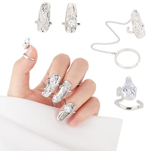 NICENEEDED Anillos de Garra con Punta de Uña de Dedo Punk Plateado, Anillos de Uñas Abiertos Ajustables con Diamantes de Imitación para Decoración de Manos