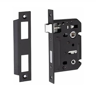 Golden Grace Bathroom Mortise Lock 64mm Backset, Matt Black | Bolt-through design accommodates thumbturn on rose spindles, offering corrosion-resistant metal with 45mm spindle spacing.