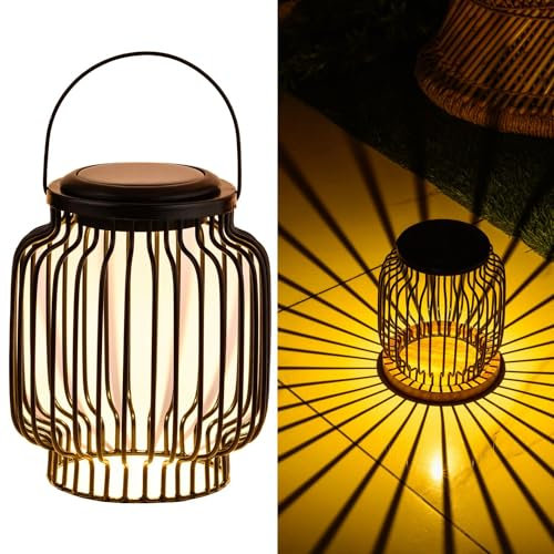 Marrakesch Solarlaterne für außen mit Henkel aus Metall & Holz 18cm Groß | Skandinavische Outdoor Solar LED Laterne Lazar Schwarz IP65 Wasserdicht als Gartendeko Deko