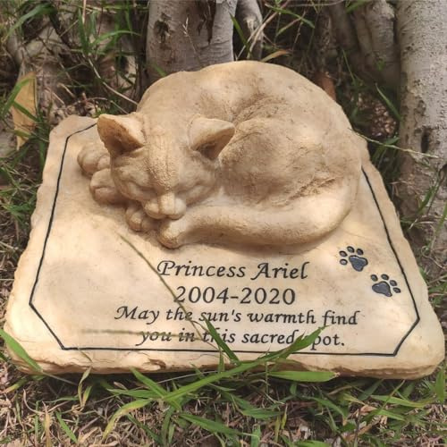 JHB Personalisierte Katzen-Gedenksteine, lasergravierte 3D-Statue schlafende Katze, Wasserdicht Katze Grabstein, Katzengrabstein, Katzen-Grabstein, Katzen-Andenken, Gedenkgeschenke, Haustier-Grabstein