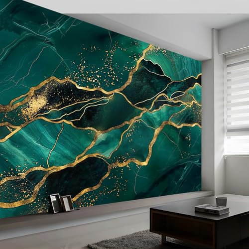 Fototapete Art Wandbild 250 x 175 cm (WxH) Tapeten Wandtapete, Dunkelgrün Wanddeko Goldene Textur Marmorstreifen Mustertapete Design Wand Dekoration Vliestapete Wohnzimmer Schlafzimmer Büro