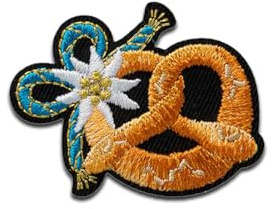 Mono-Quick Brezel mit Edelweiß Aufnäher zum Aufbügeln 3,3 x 4,3 cm Bügelbild für Erwachsene mit Peace Frieden, Bügelpatch Patches Bügelflicken