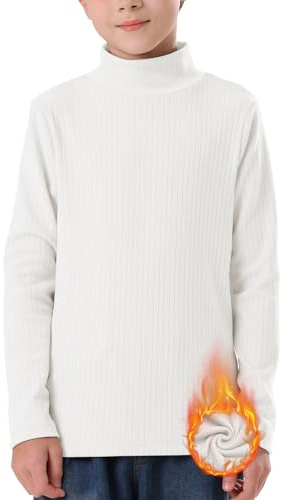 WOWENY Unisex barn långärmad tröja termounderkläder polotröja basic ribbad t-shirt undertröja topp vinter underkläder för pojkar och flickor, Vit, XS