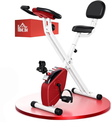 HOMCOM Vélo d'Appartement Magnétique Pliable - Collaboration Aosom.fr x FFHandball - Vélo de Fitness en X Silencieux pour Sport Maison et Cardio-training - Écran LCD & Capteur Pouls, Rouge