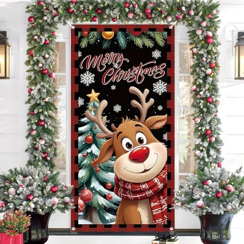 Decoración navideña para puerta con reno, cubierta de puerta navideña para exteriores e interiores, pancarta de Merry Christmas, 198 x 89 cm, pancarta W (reno rojo)