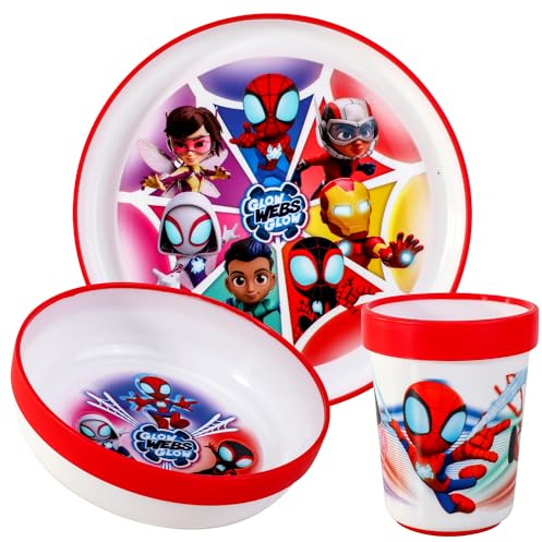 Spidey and His Amazing Friends - Juego de vajilla bicolor reutilizable de 3 piezas para niños, plato y vaso, sin BPA