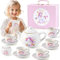 Toylink Porcelain Kids Tea Set Unicorn Gift for Girls 3 4 5 6 7 8 Years with Teapot Tea Cups Sugar Bowl Creamer Pitcher Carrying Case Princess Tea Time Pretend Play Toys Kids Tea Sets for Girls