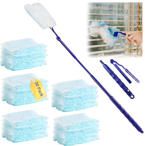 Fluffy Duster Refills,50 Fluffy Dusters+1 Folding Handle + 1 Telescopic Extension Handle,Duster Refills for Cleaning Furniture, Office, Blinds, Dresser,Car Dashboard