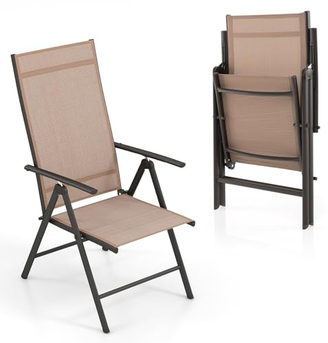 GOPLUS Gartenstuhl klappbar, Klappstuhl mit Hochlehner 7-Fach verstellbar & Armlehnen, Balkonstuhl atmungsaktiv bis 180kg, Campingstuhl Klappsessel Outdoor für Garten Balkon Terrasse (Braun,1)