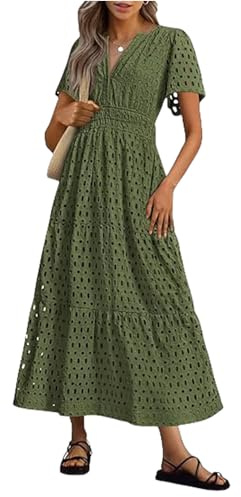 Summer Maxi Dresses for Women UK Wedding Guest Dress Short Sleeve Casual Boho V Neck Hollow Out Eyelet Ruffle Swing A Line Cotton Long Flowy Beach Vacation Evening Dresses