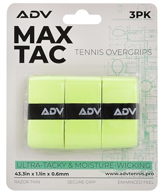 ADV MaxTac Tacky Tennis Overgrip - 3 Pack - Extremely Sticky Non-Slip Tennis Grips Overgrip - Razor-Thin & Easy to Use Pro Tennis Racquet Grip Tape (3-Pack Volt)