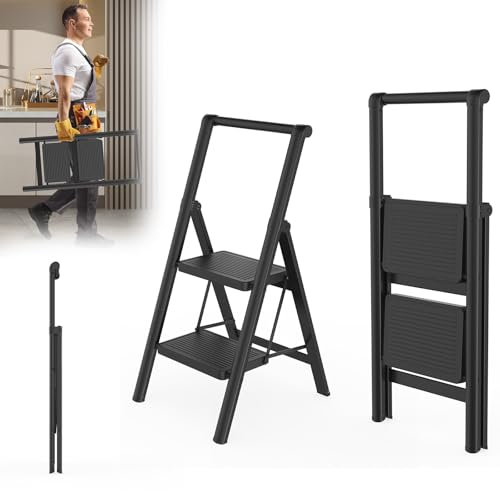 LARS360 Scala pieghevole a 2 gradini con corrimano, scala domestica antiscivolo, per casa, ufficio, portatile e stabile, portata fino a 250 kg, colore nero
