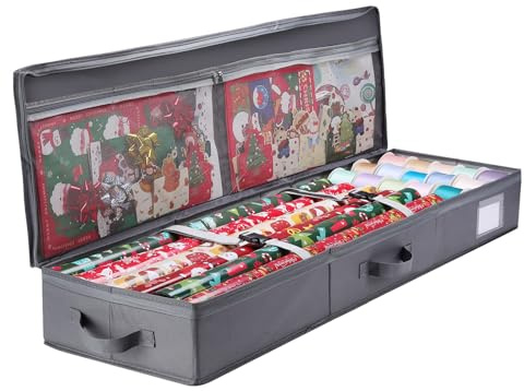 Bloomhüan Geschenkpapier Aufbewahrung - Premium Geschenkpapier Organizer - Wasserdichtes 600D Oxford Gewebe -Aufbewahrungstasche für Geschenkpapier mit Fächern für Rollen & Bänder - 102x30x12cm (Grau)
