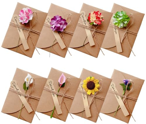 RHQFDM Lot de 8 cartes avec fleurs séchées, avec enveloppe en papier Kraft, ensemble de cartes de vœux avec fleurs séchées, carte rétro vierge pour la fête des mères, Thanksgiving, anniversaire