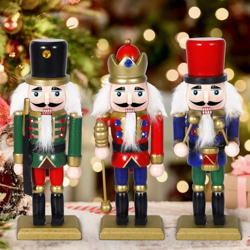 TEBOKHAD 3PCS Nussknacker Weihnachtsfiguren Aus Holz, 15cm Soldat Nussknacker Figur Puppe, Weihnachten Hölzerne Nutcracker Für Traditionelle Weihnachtsschmuck, Drinnen, Party Deko