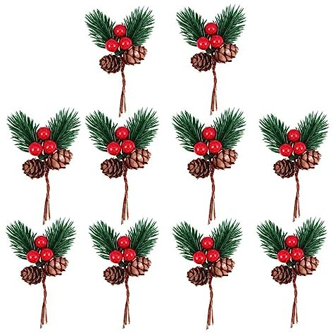 SUXUMHAO 10 palillos de pino de Navidad PEC, 10 unidades de púas artificiales de Navidad y aerosoles, ramas de tallo de bayas rojas con hojas de acebo para árbol de Navidad, decoración de corona de