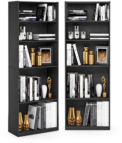 Furinno Jaya 5-Tier Book Shelf Set of 2, Adjustable Shelf, Black | 9.5 x 24.5 x 71, Tall, Standing Bookshelf, Modern Bookcase, for Organization and Storage, for Home Office, Living Room