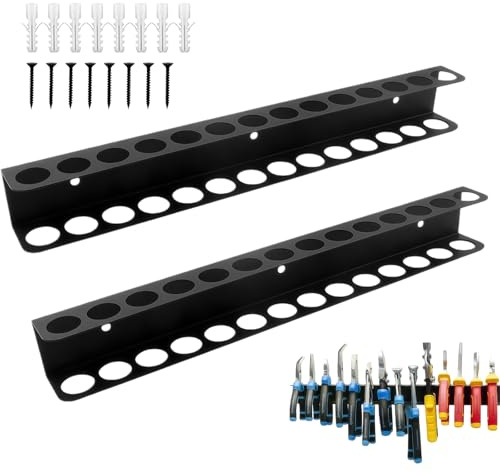 Schraubendreher Halter 2 Stück Werkzeug Wandhalter 40cm Werkzeug Wandhalter | Kohlenstoffstahl 14 Löcher Schraubendreher Halterung mit Schrauben und Expansionsrohr, für Garage Werkstatt & Haushalt