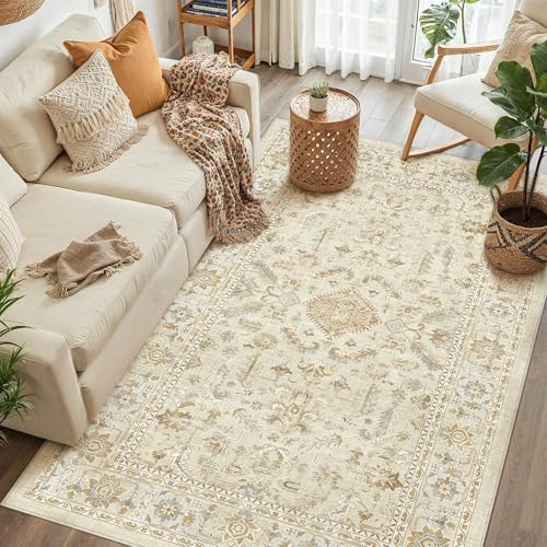 PureCozy Waschbarer Beige Teppich Wohnzimmer 140x200cm Vintage Tepiche for Living Room kurzflor rutschfest Weich Retro Boho Carpet für Schlafzimmer Küchen Büro Esszimmer Bedroom