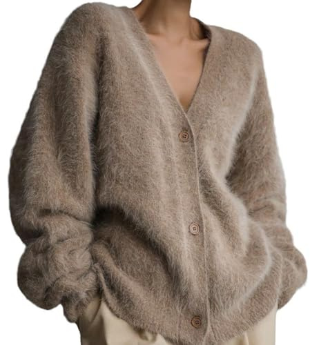 Generisch Cárdigan de cachemira para mujer, cárdigan mullido, felpa con cuello en V, frente abierta, botón, suéter, chaquetas de punto para mujer, caqui, M