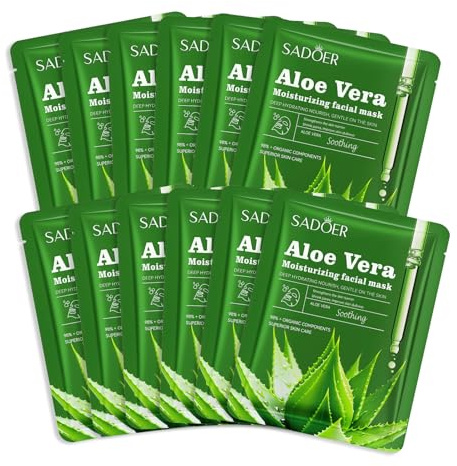 12 Stück Aloe Vera Maske Gesicht, Feuchtigkeitsmaske Gesicht | 25g Aloe Vera Gesichtsmaske, Tuchmaske, Damen Gesichtspflege, Beruhigende Maske, After-Sun Repair, Für Mädchen, Frauen