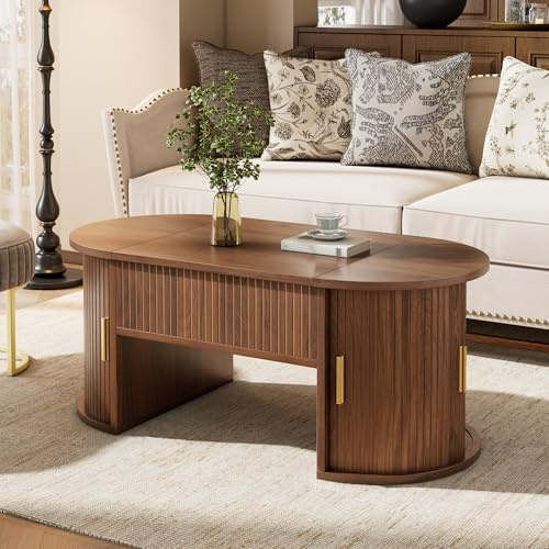 DACHETOU Moderna mesa de centro regulable en altura, color nogal, 40,5 x 50 x 100 cm, para salón, estantes abiertos y espacio de almacenamiento oculto, puertas correderas