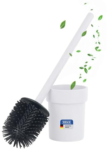 WENKO Turbo-Loc WC-Garnitur Mod. Lizan aus Stahl, mit Edelstahl-Bürstenstiel, selbstklebend, Starke Haftung, Wandmontage ohne Bohren, Toilettenbürstenhalter mit Silikon-Bürstenkopf, weiß matt