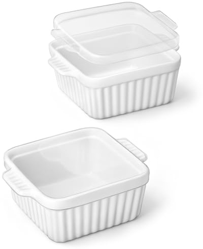 MALACASA Baking Dishes for Oven, Small Ceramic Baking Dishes with Silicone Lids for Individual Portions 5.5 x 5.5 Square Casserole Dishes Set of 2 Oven Microwave, and Air Fryer Safe, White