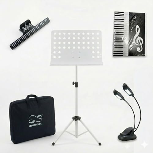 Infitronic INNPWSET01 – Pupitre d'orchestre blanc – Pupitre stable réglable en hauteur (90-150 cm) avec plateau en tôle perforée + sac de transport + lampe de pupitre + partitions