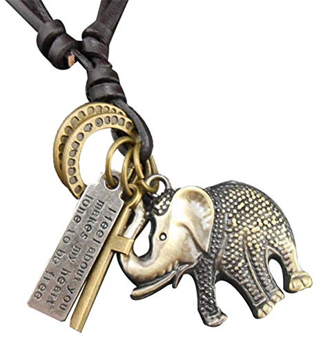 ODETOJOY Joyería Collar Cuero para Mujer/Hombre Colgante con silbato de hoja cruzada Bala Toro Cabeza de lobo Tamaño Ajustable Collar Punk Decoración de Joyas (elefante)