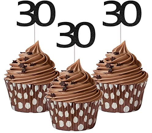 Sumerk 24PCS 30 Cupcake toppers Black Glitter 30th Birthday Cupcake Picks Anniversary Party Decorations