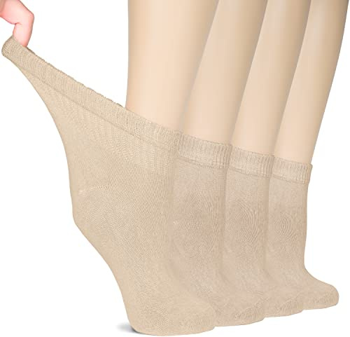 Hugh Ugoli Calzini Donna Diabetici in Bambù, 4 Paia, Calzini Corti Morbidi e Traspiranti, Extra Larghi per Caviglie Gonfie, Bordo Senza Elastico e Punta Senza Cuciture, Beige chiaro, Taglia 36-39