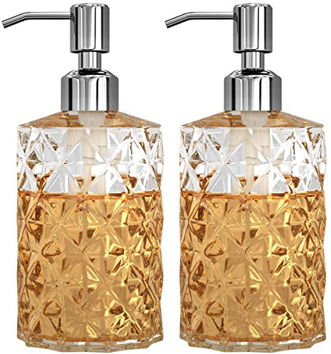 GLADPURE Soap Dispenser - 2 Pack, 12 Oz Clear Diamond Design Glass Refillable Hand Soap Dispensers; with 304 Rust Proof Stainless Steel Pump, Lotion Dispensers for Kitchen, Bathroom