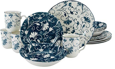 CreaTable, 22258, série Damask bleu, service de table, service combiné 16 pièces