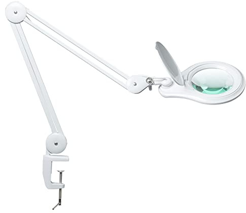 bemelux LED-Lupenleuchte mit Klemme, 14W, 12,7cm-Lupenlinse, metallischer Schwenkarml, 4 Dimmstufen, 1200 Lumen, 60 LEDs, 2,25-fache Vergrößerung, für Handarbeiten (Weiß)