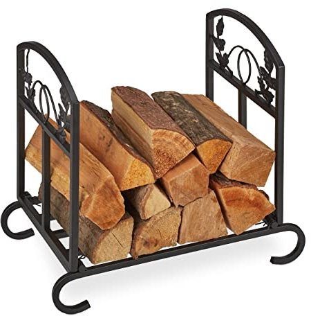 Relaxdays Firewood Rack, Foldable, Fireplace Log Storage, Indoors, Floral Ornaments, Steel, HWD: 44.5 x 51 x 32cm, Black