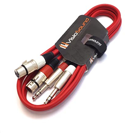 2x Female XLR to 6.35mm 1/4 Stereo TRS Jack Cable Twin Lead (Red, 1.5m) | Noiseless OFC Balanced Signal, Audio, Patch Cable / 5 Colours